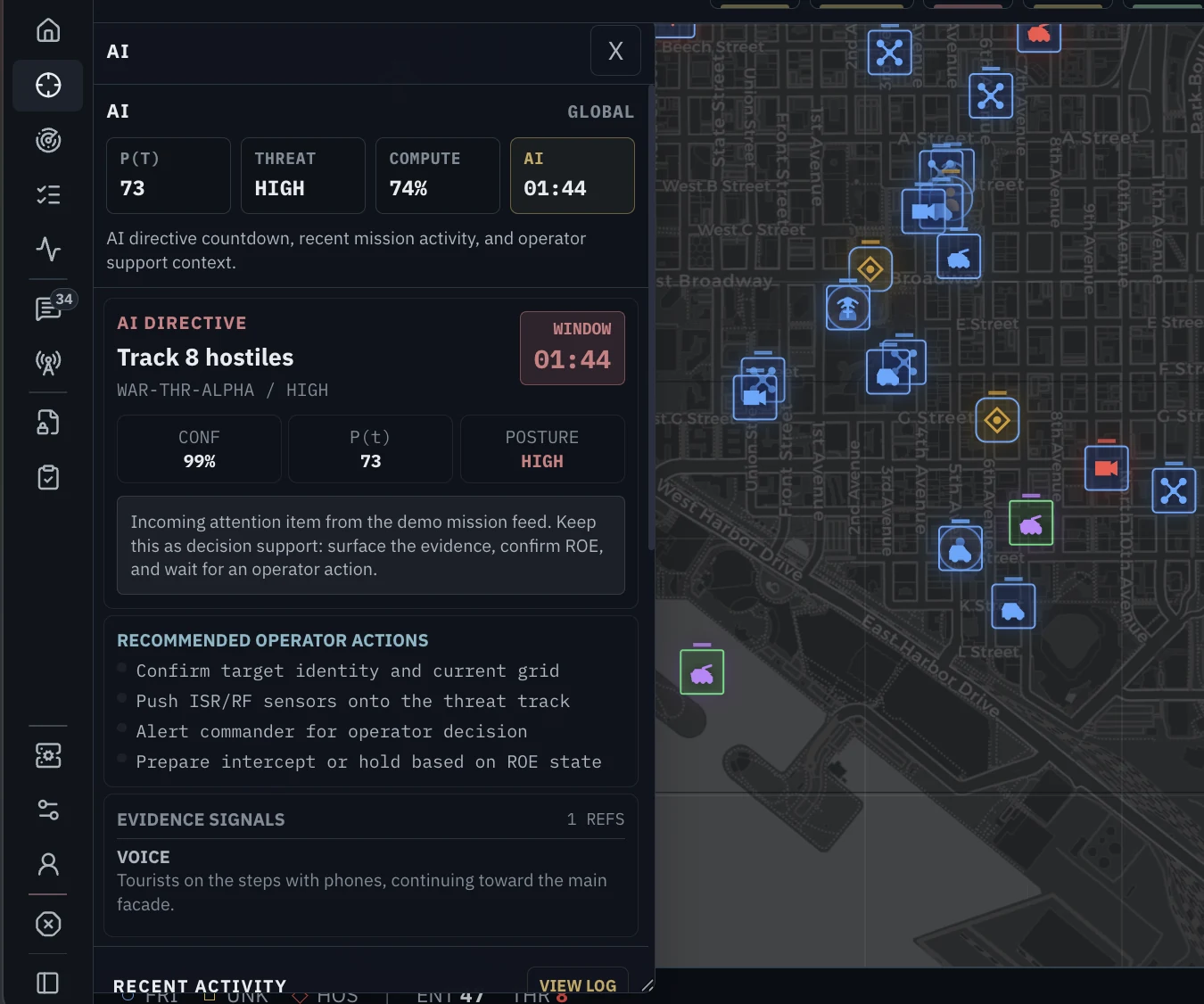 EdgeLance AI directive showing threat posture, confidence, evidence signals, a decision window, and recommended operator actions