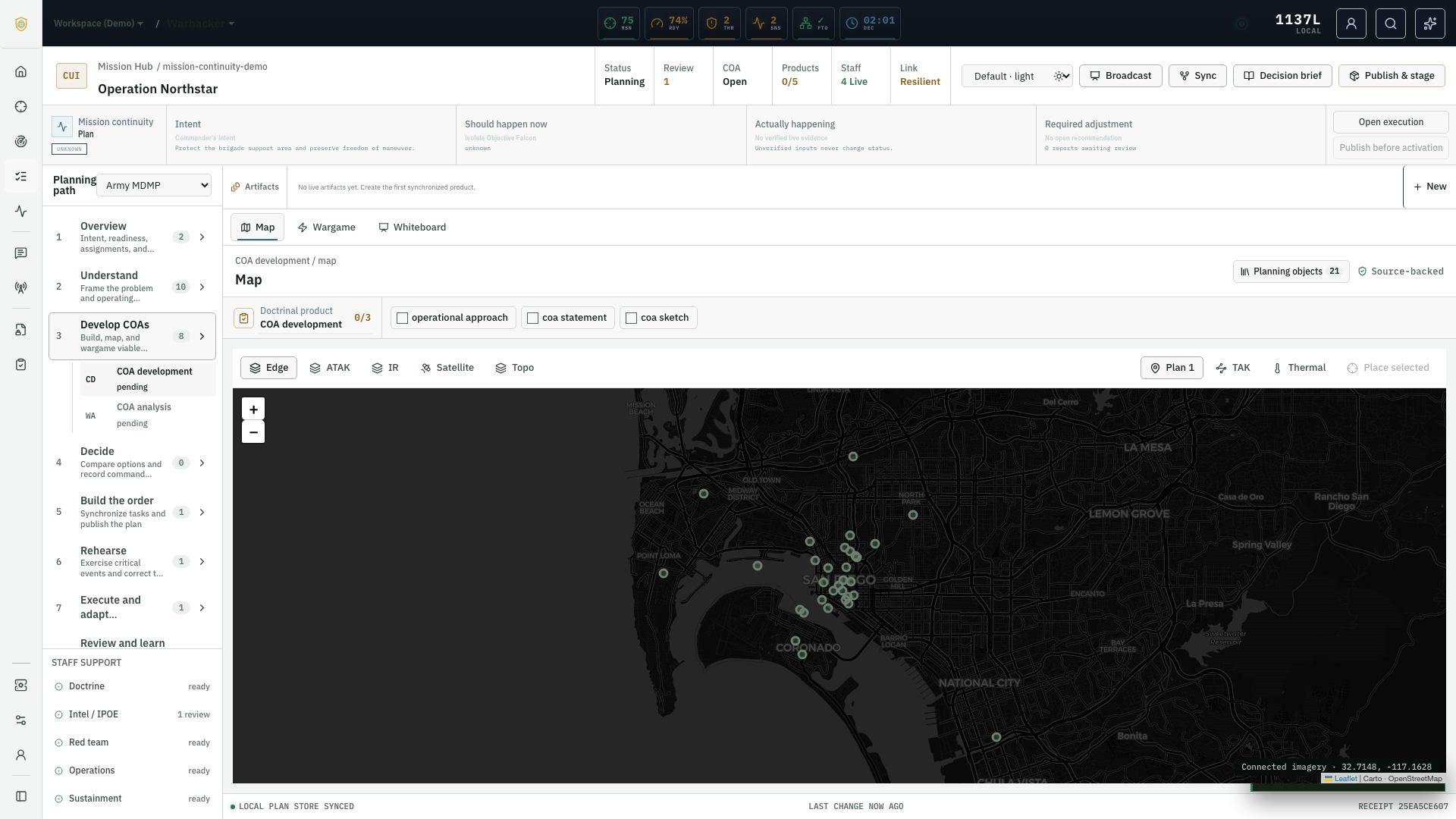 Actual EdgeLance collaborative planning map for Operation Northstar with mission overlays, staff workflow, and source-backed planning controls
