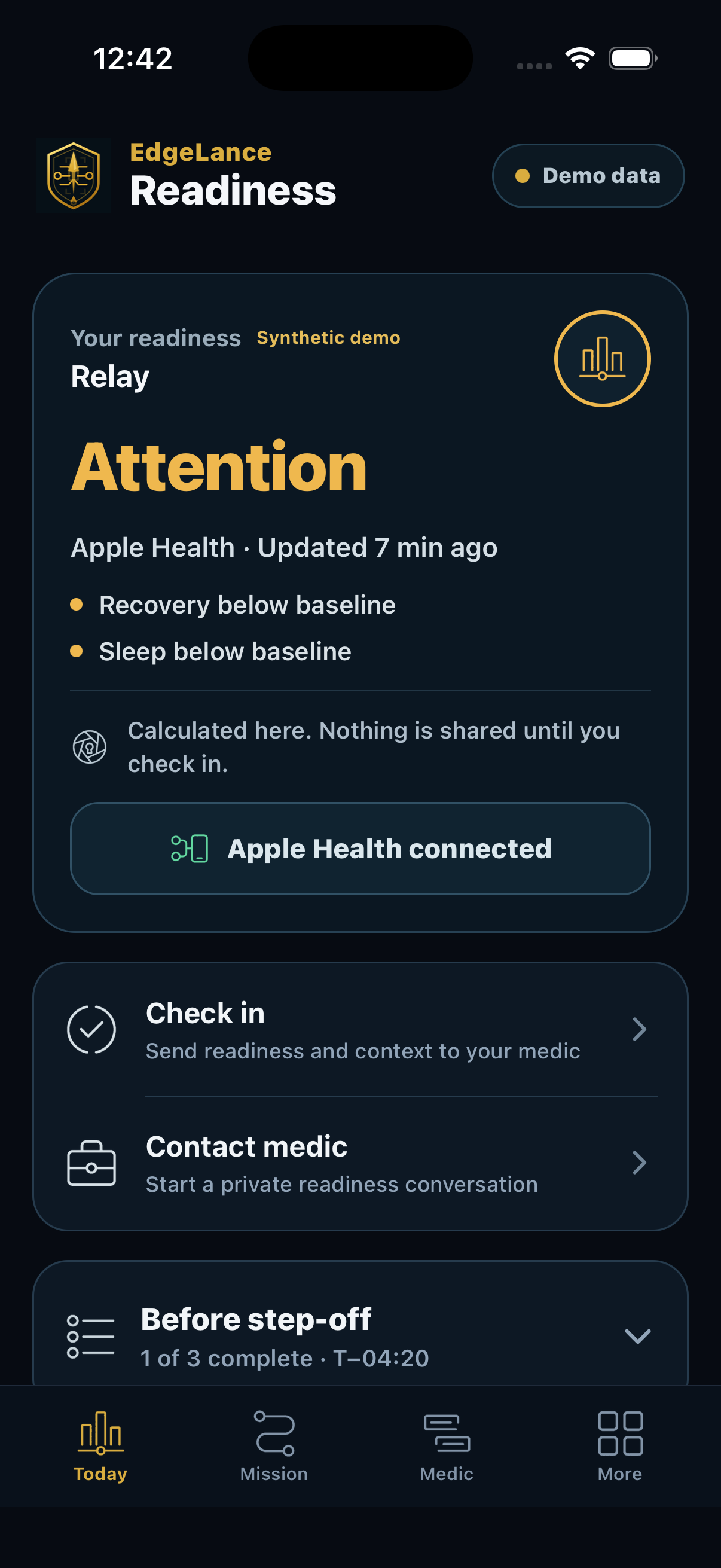 Native EdgeLance Readiness app on iPhone showing private on-device Apple Health readiness signals, check-in, medic contact, and pre-mission checklist
