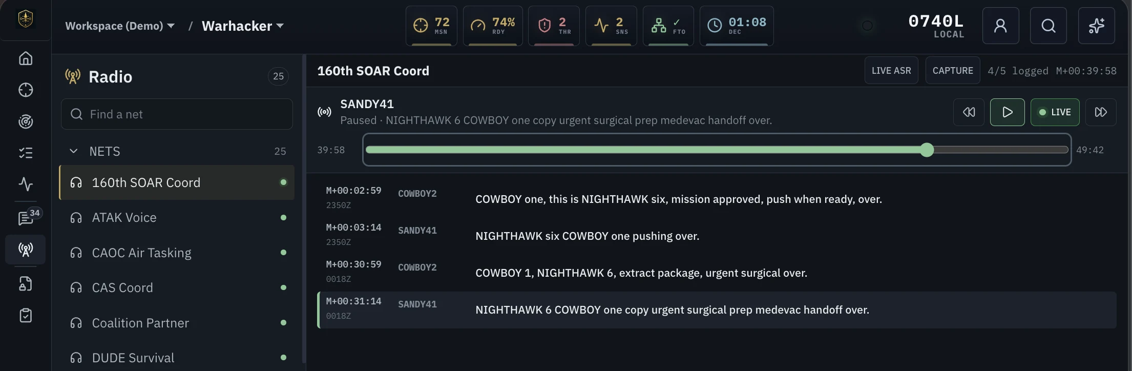EdgeLance radio intelligence showing a live net, attributed callsigns, timestamps, transcription, and playback controls